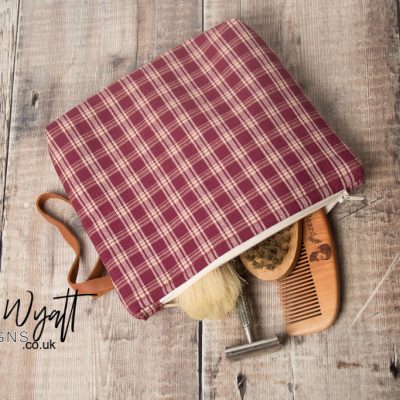 Checkered Wash Bag with Leather Strap