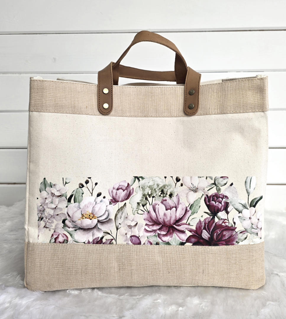 Luxury Large Leather Handle Jute Branded Bag Cream Canvas Luxury Tote Bag Printed with Flowers 2
