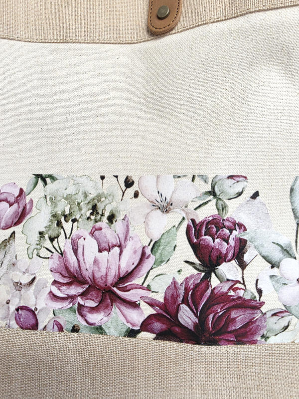 Luxury Large Leather Handle Jute Branded Bag Cream Canvas Luxury Tote Bag Printed with Flowers Close Up