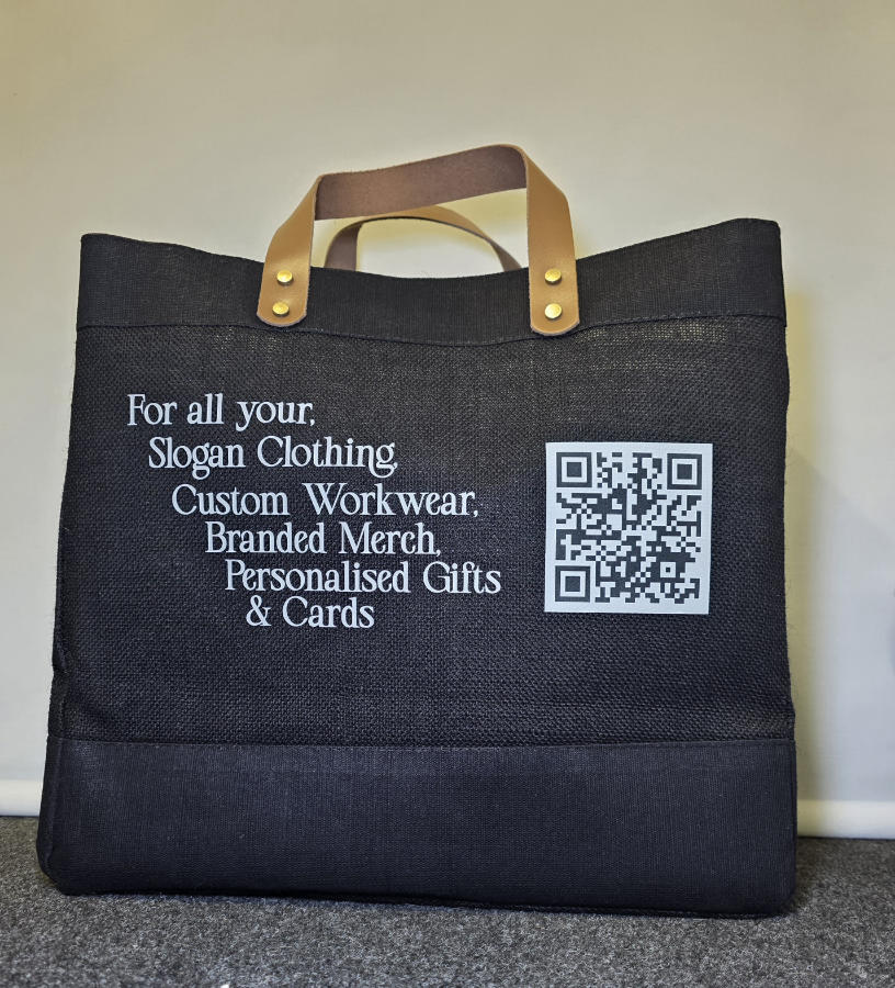 Luxury Large Leather Handle Jute Branded Bag Black Branded Luxury Tote Bag with Lisa Wyatt Designs Branding on the back