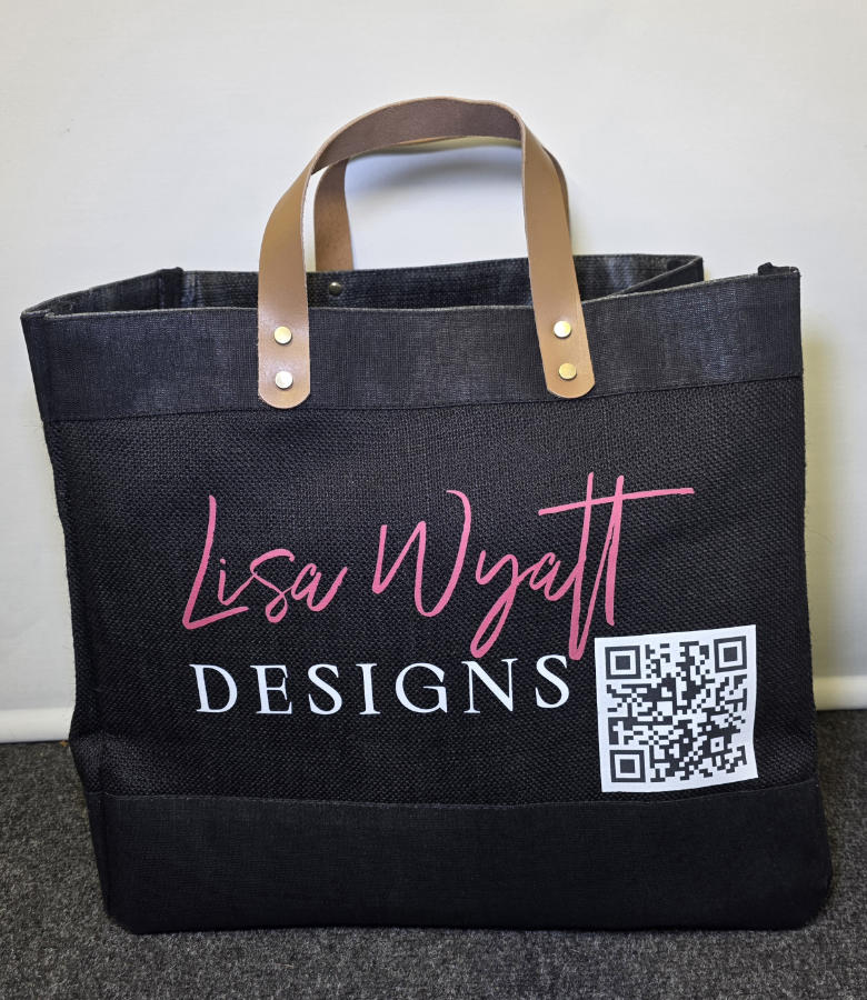 Luxury Large Leather Handle Jute Branded Bag Black Luxury Tote Bag with Lisa Wyatt Designs Branding on the front